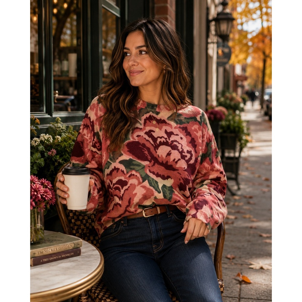 Chic Romantic Floral Peony Knit Sweater Boho Cottagecore Feminine Retro Sz M